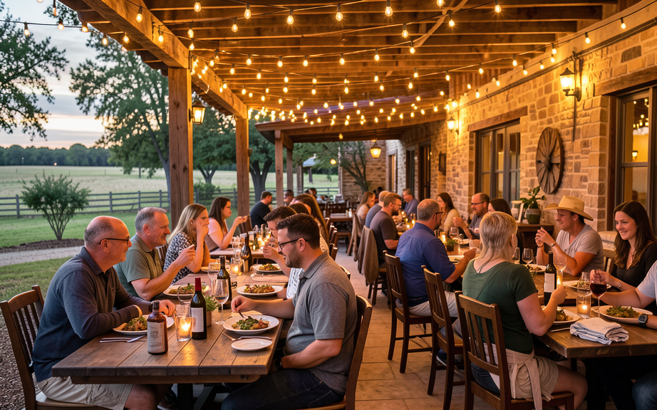 Romantic outdoor dining in Fredericksburg with string lights and wine